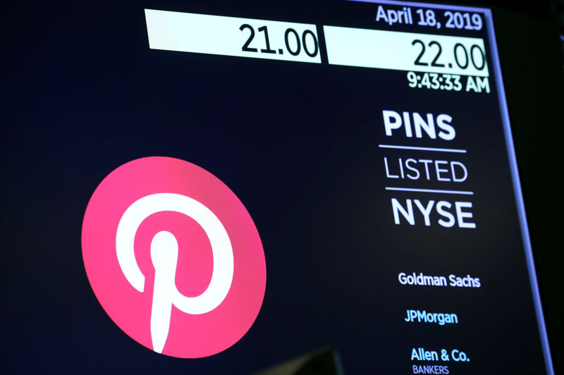 © Reuters. The company logo for Pinterest, Inc. with trading information is displayed on a screen at the NYSE in New York