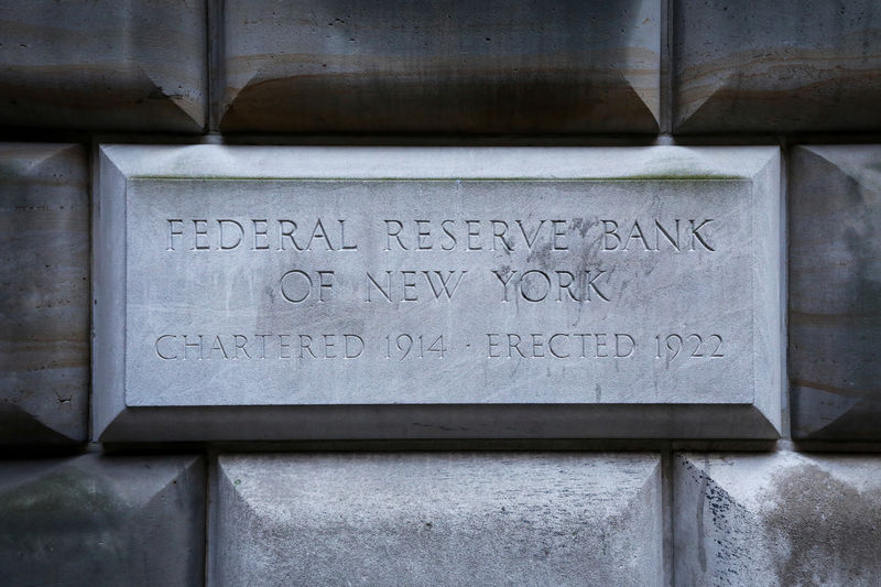 © Reuters. The corner stone on the Federal Reserve Bank of New York in the financial district in New York