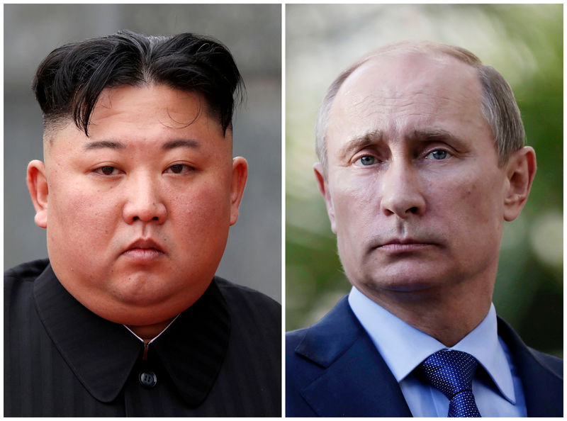 © Reuters. FILE PHOTO: A combination of file photos North Korean leader Kim Jong Un and Russia's President Vladimir Putin