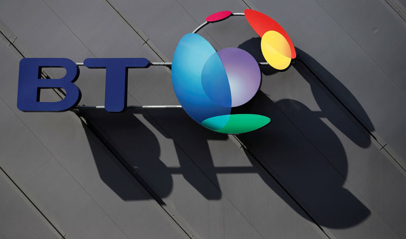 © Reuters. FILE PHOTO: A BT (British Telecom) company logo is pictured on the side of a convention centre in Liverpool northern England.