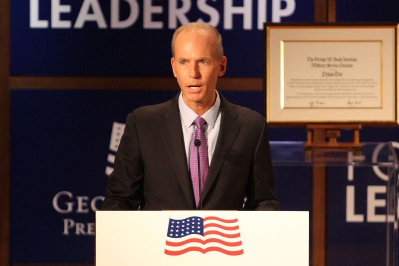 © Reuters. Dennis Muilenburg CEO of the Boeing Company speaks at the George W. Bush Presidential Center's 2019 Forum on Leadership in Dallas