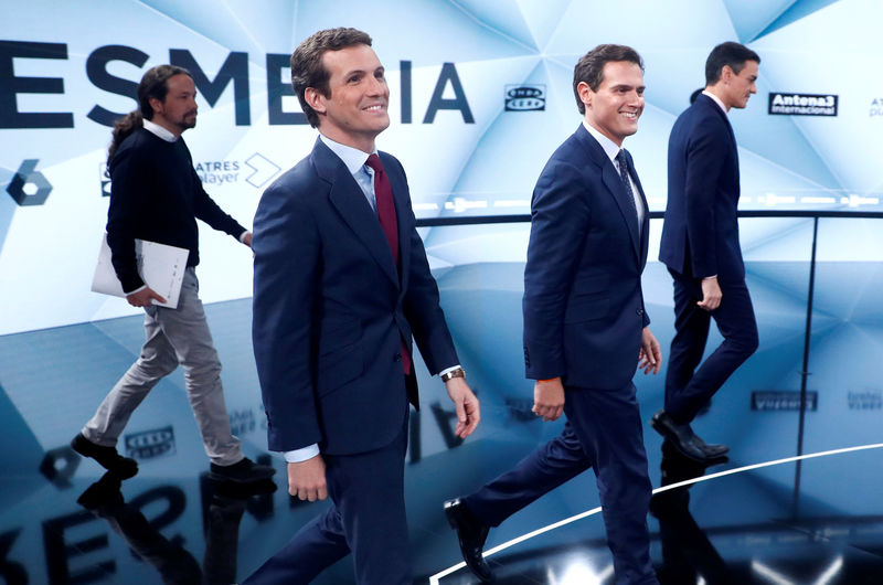 © Reuters. Los principales candidatos a la presidencia del Gobierno en el debate de Atresmedia.