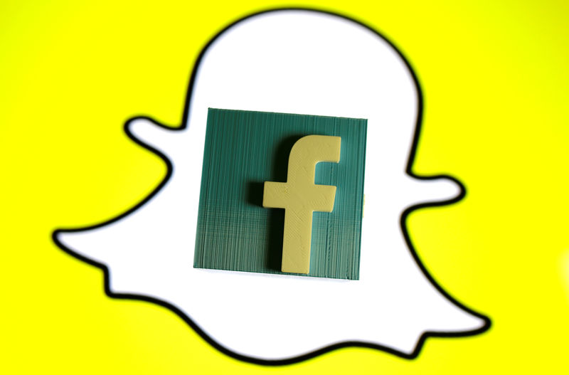 © Reuters. A 3D printed Facebook logo is seen in front of a displayed Snapchat logo in this picture illustration