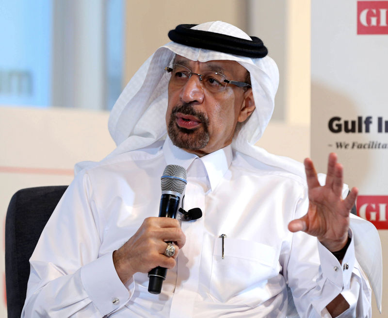 © Reuters. FILE PHOTO: Saudi Energy Minister Khalid al-Falih speaks during the Gulf Intelligence Saudi Arabia Energy Forum in Riyadh