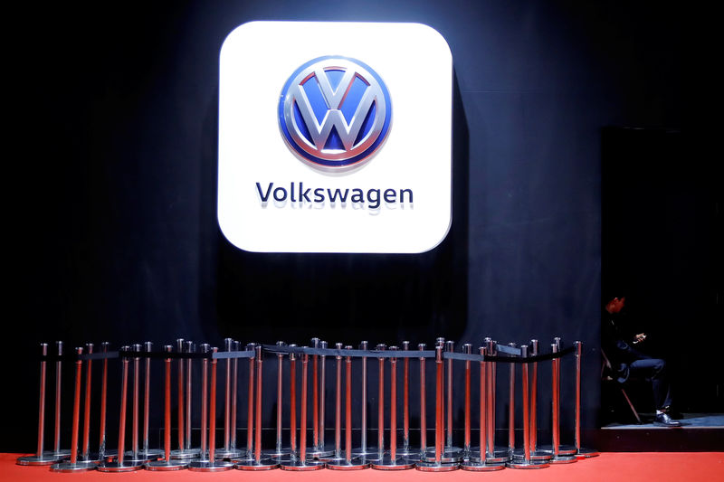 © Reuters. Man uses phone under VW logo at the auto show in Shanghai
