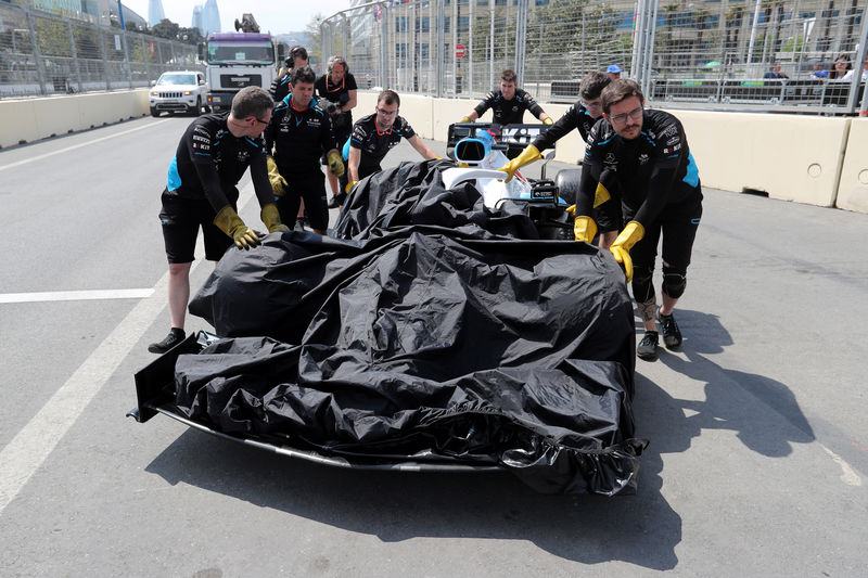 © Reuters. غطاء بالوعة يحطم سيارة راسل سائق وليامز في تجارب سباق باكو
