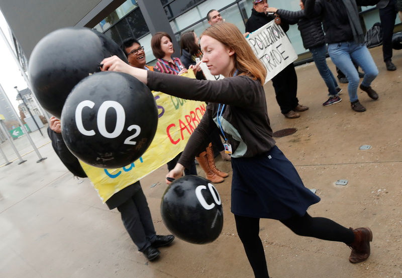 © Reuters. Activists protest against the carbon dioxide emissions trading in front of the World Congress Centre Bonn, the site of the COP23 U.N. Climate Change Conference, in Bonn