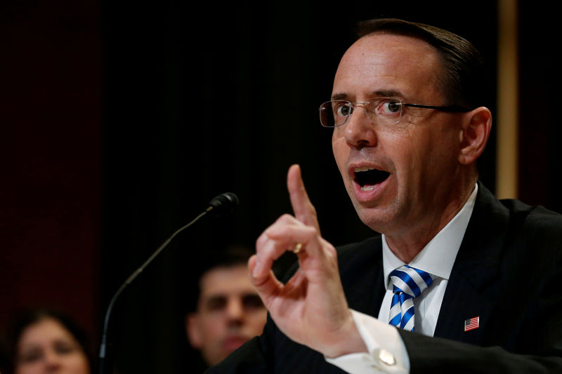 © Reuters. FILE PHOTO: Rosenstein testifies before a subcommittee hearing of the Senate Appropriations Committee on Capitol Hill in Washington