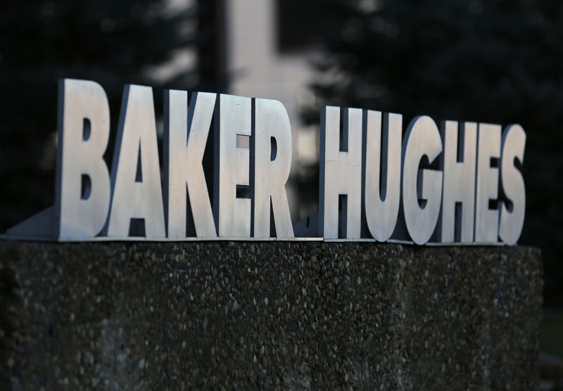 © Reuters. A Baker Hughes sign is displayed outside the oil logistics company's local office in Sherwood Park