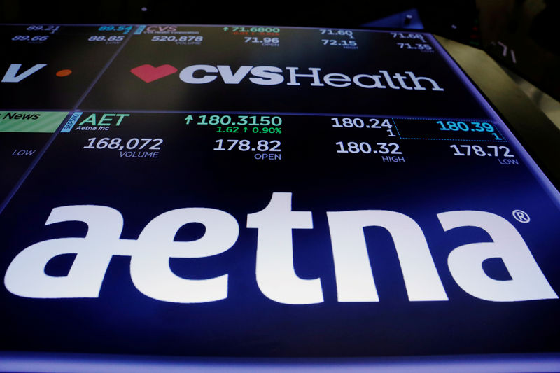 © Reuters. FILE PHOTO: Logos of CVS and Aetna are displayed on a monitor above the floor of the New York Stock Exchange shortly after the opening bell in New York
