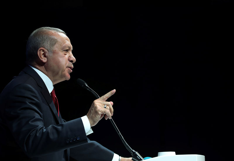 © Reuters. Turkish President Erdogan addresses bussiness people during a meeting in Ankara