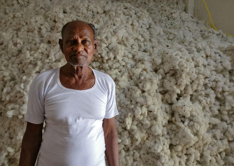 © Reuters. Gulab Chalakh, a farmer, poses in front of his harvested cotton in Zadshi village