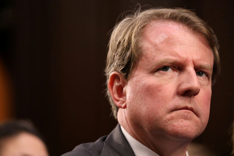 © Reuters. FILE PHOTO: White House Counsel Don McGahn listens during the confirmation hearing for U.S. Supreme Court nominee Kavanaugh on Capitol Hill in Washington