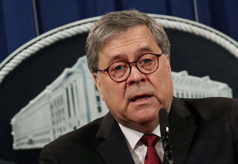 © Reuters. FILE PHOTO: U.S. Attorney General Barr speaks at a news conference to discuss Special Counsel Robert Mueller’s report on Russian interference in the 2016 U.S. presidential race, in Washington