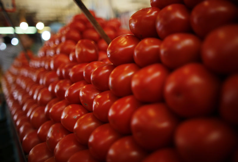 © Reuters. Tomatoes are displayed at a vegetable stall in La Merced market, downtown Mexico City