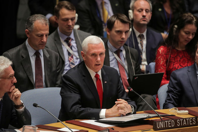 © Reuters. Imagen de archivo. El vicepresidente de Estados Unidos, Mike Pence, en la reunión con el Consejo de Seguridad de Naciones Unidas, en Nueva York.