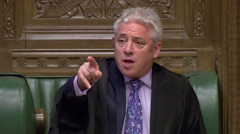 © Reuters. FILE PHOTO: Speaker of the House of Commons John Bercow gestures in the Parliament in London