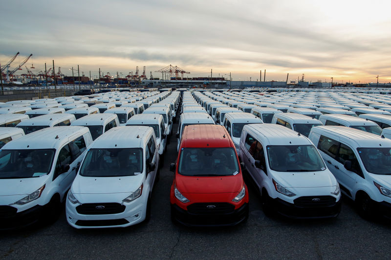 © Reuters. FILE PHOTO: Imported automobiles are parked in a lot at the port of Newark New Jersey