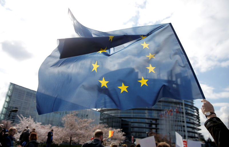 © Reuters. Manifestante segura bandeira da União Europeia em frente ao Parlamento Europeu em Estrasburgo