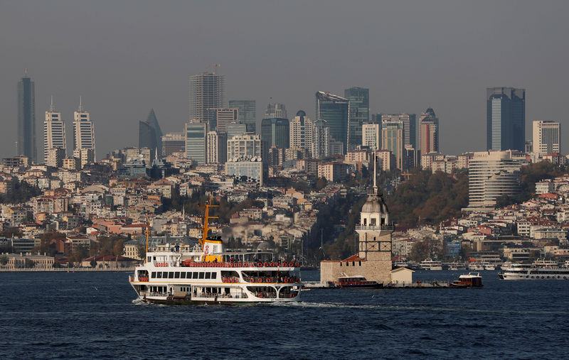 © Reuters. FILE PHOTO: A ferry, with city's skyscrapers in the background, travels along the Bosphorus in Istanbul