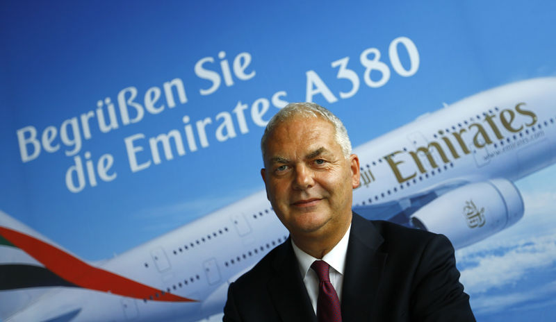 © Reuters. Antinori, COO of United Arab Emirates air carrier Emirates addresses the media after the first landing of an Emirates Airbus A380 in Frankfurt's airport