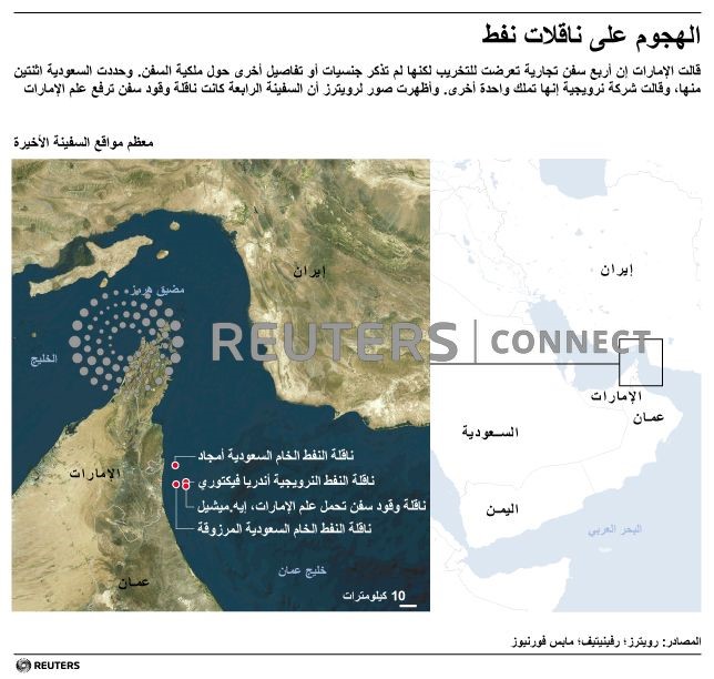 © Reuters. الرياض: ناقلتا نفط سعوديتان ضمن سفن تعرضت لهجوم قبالة ساحل الإمارات