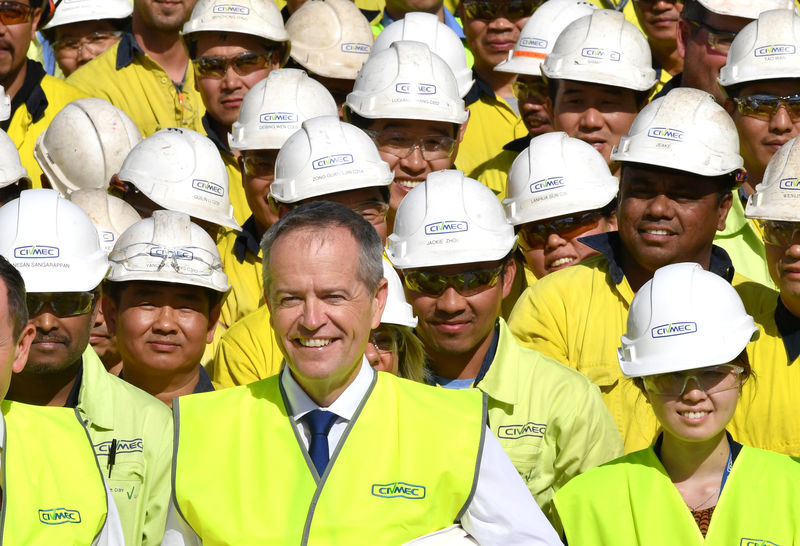 © Reuters. Australian Opposition Leader Bill Shorten is seen with workers at Civmec Construction and  Engineering in Perth