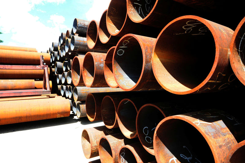 © Reuters. FILE PHOTO - Pipes are seen at Bri-Steel Manufacturing, a manufacturer and distributer of large diameter seamless steel pipes, in Edmonton