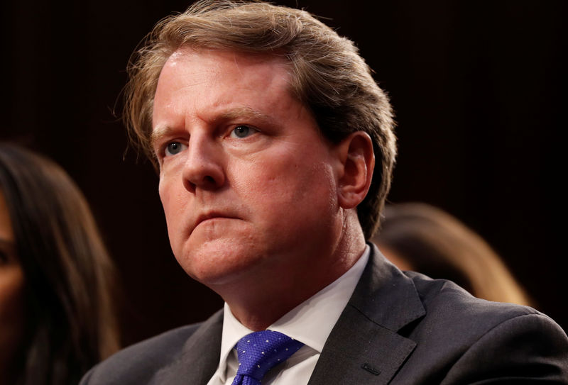 © Reuters. FILE PHOTO - White House Counsel Don McGahn listens during U.S. Supreme Court Nominee Judge Kavanaugh's Senate confirmation hearing in Washington