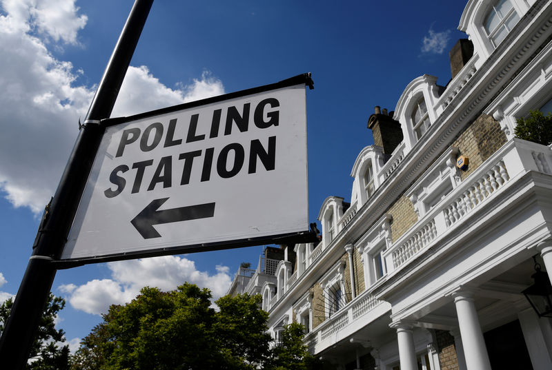 © Reuters. A polling station direction sign is seen placed on a lamppost, ahead of the forthcoming EU elections, in London