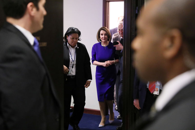 © Reuters. Congressional Democrats leave after speaking to reporters about failed meeting with President Trump to discuss infrastructure at the White House in Washington