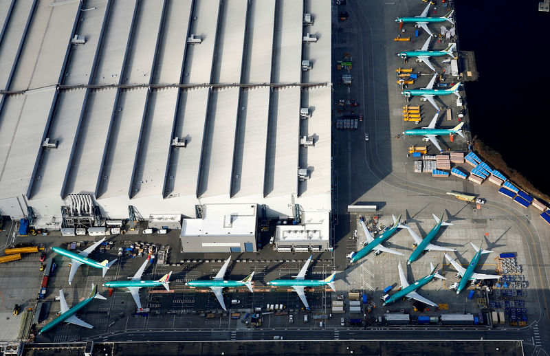 © Reuters. FILE PHOTO: An aerial photo shows Boeing 737 MAX airplanes parked on the tarmac at the Boeing Factory in Renton