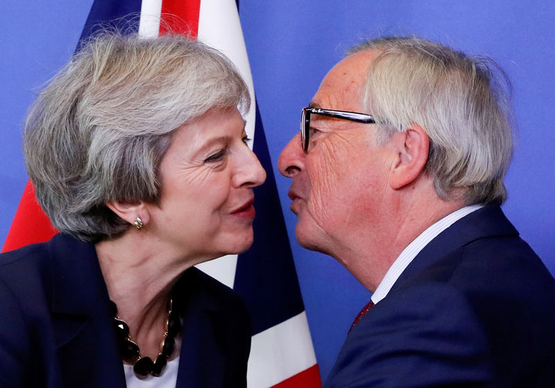 © Reuters. Premiê britânica, Theresa May, e presidente da Comissão Europeia, Jean-Claude Juncker, durante cúpula da UE em Bruxelas