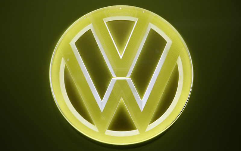 © Reuters. FILE PHOTO: View of an emblem on a Volkswagen I.D. Buzz electric concept vehicle during the North American International Auto Show in Detroit