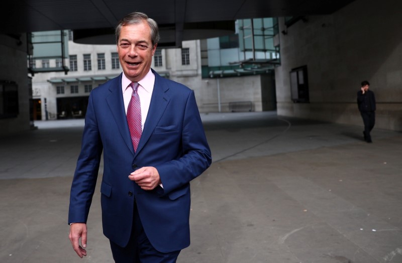 © Reuters. Leader of the Brexit Party Nigel Farage is pictured outside BBC building in London