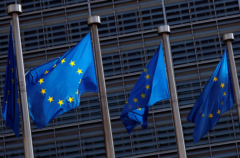 © Reuters. EU flags are seen outside the EU Commission headquarters in Brussels