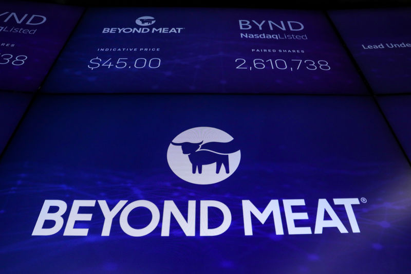 © Reuters. The company logo and trading information for Beyond Meat is displayed on a screen during the IPO at the Nasdaq Market site in New York