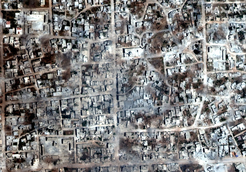 © Reuters. A satelite overview image of Kafr Nabudah that shows damaged and destroyed buildings, Idlib Province