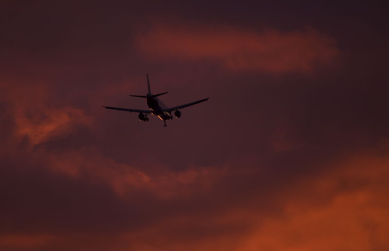 © Reuters. A passenger aircraft makes its landing approach at dusk at Heathrow airport in west London, Britain