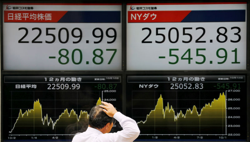 © Reuters. Усредненные индексы Nikkei и Dow Jones вне брокерской компании в Токио