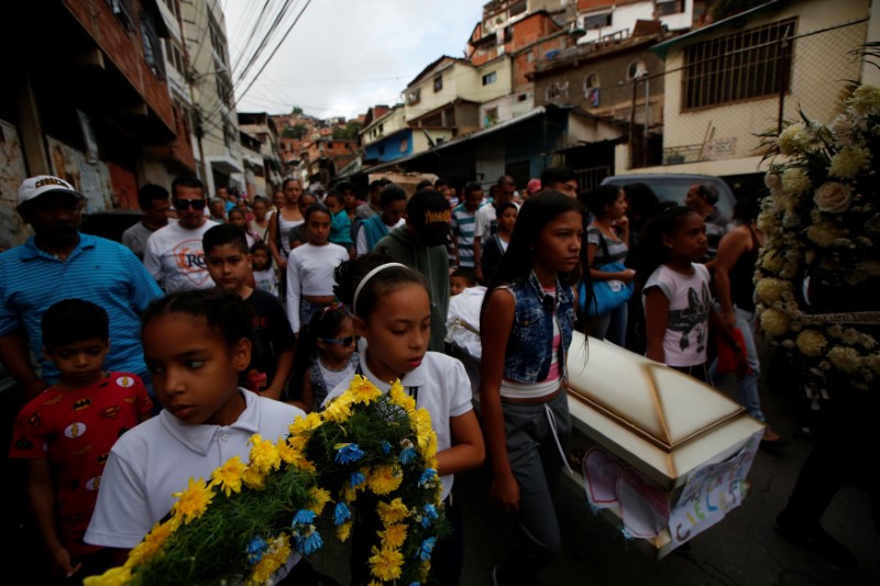 © Reuters. Familiares carregam caixão com corpo de Erick Altuves, de 11 anos, que morreu por problemas respiratórios enquanto era tratado de um câncer, no bairro Petare, em Caracas