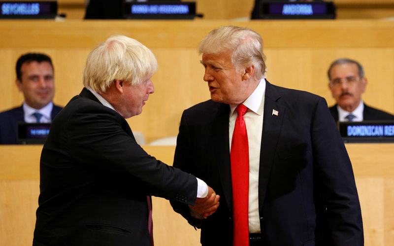 © Reuters. FILE PHOTO - U.S. President Donald Trump shakes hands with British Foreign Secretary Boris Johnson as they take part in a session on reforming the United Nations at U.N. Headquarters in New York