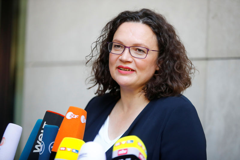 © Reuters. Andrea Nahles, leader of SPD, speaks to the media at the party's headquarters in Berlin