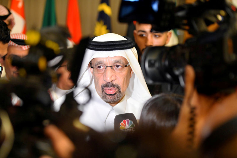 © Reuters. FILE PHOTO: Saudi Energy Minister Khalid al-Falih speaks to the media after the OPEC 14th Meeting of the Joint Ministerial Monitoring Committee in Jeddah