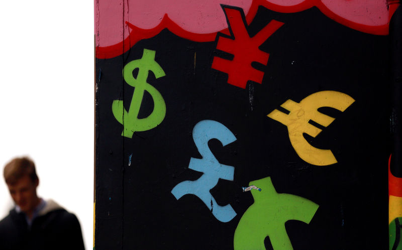 © Reuters. FILE PHOTO: Painted monetary symbols are seen on a wall in Dublin city centre
