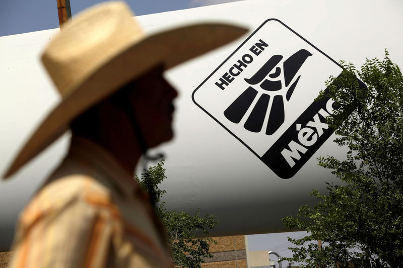 © Reuters. FILE PHOTO: A man passes in front of a logo that says "Made in Mexico", in Ciudad Juarez