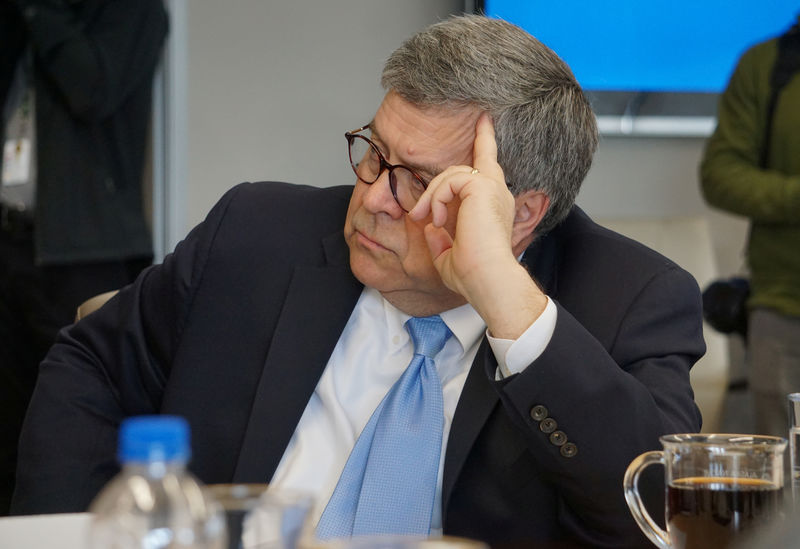 © Reuters. U.S. Attorney General William Barr looks on during a Department of Justice roundtable with Alaska native leaders in Anchorage