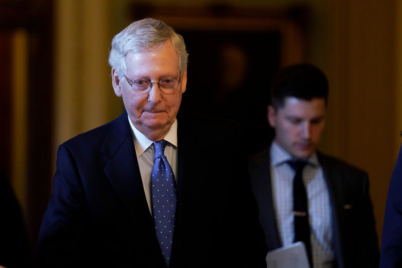 © Reuters. Senate Majority Leader Mitch McConnell walks off the Senate floor after making comments about Special Counsel Robert Mueller's report on the 2016 election on Capitol Hill