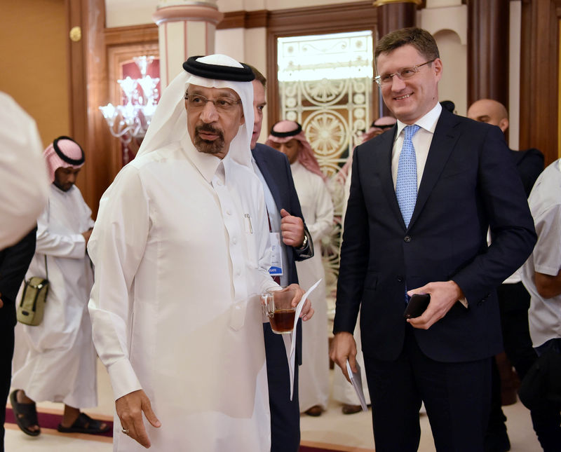 © Reuters. FILE PHOTO: Saudi Arabian Energy Minister Khalid al-Falih, stands with Russian Energy Minister Alexander Novak after the OPEC 14th Meeting of the Joint Ministerial Monitoring Committee in Jeddah