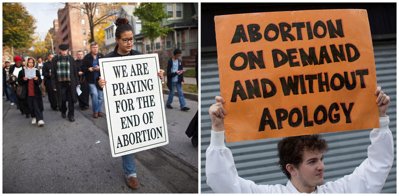 © Reuters. FILE PHOTO: A combination photo of an anti-abortion protest march and a pro-abortion rights protester in Queens New York